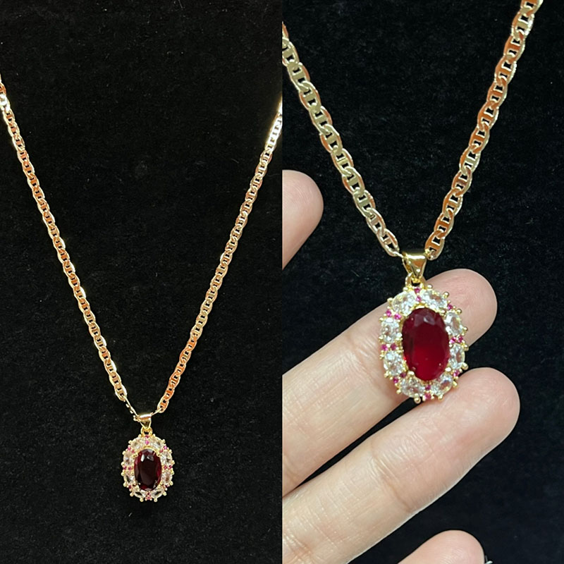 Royal Ruby Halo κολιέ με διαμάντι & Ροζ ζαφείρι τόνους σε χρυσή αλυσίδα 14K