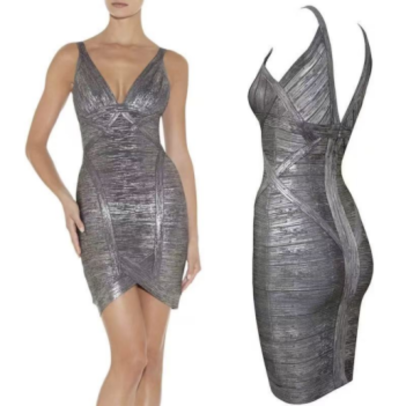 Καλοκαίρι τυπωμένο χρυσό πλεκτό διπλό V sposdens σφιχτό φόρεμα φόρεμα επίδεσμου