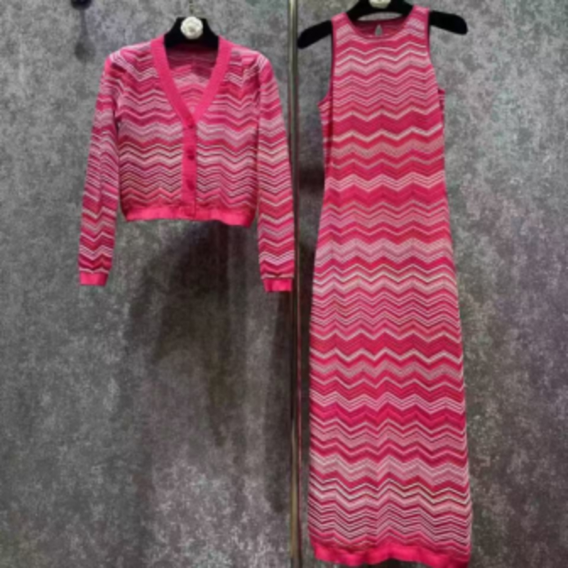 Καλοκαίρι πλεκτό στρογγυλό λαιμό μακρύ μανίκι Intercolor Cardigan, V-Αμάνικο λαιμό μακρύ πλεκτό ριγέ φόρεμα σετ