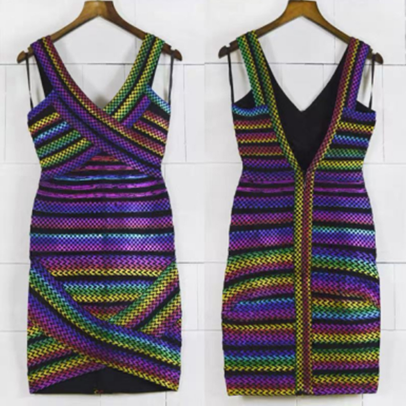 Καλοκαίρι v-ο λαιμός πολύχρωμες λωρίδες καουτσούκ ζώνη συγκολλήσεων σφιχτό πακέτο φορέματα ισχίου