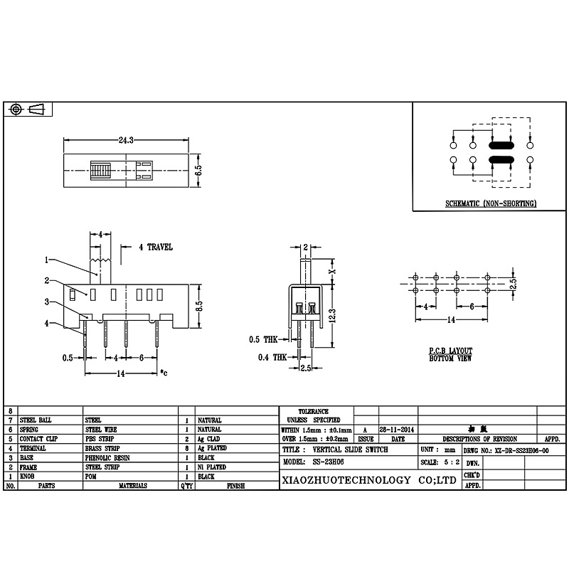Slide Switch SS23H06, Double-σειρά 8-PIN κατακόρυφος διακόπτης ολίσθησης, κατακόρυφος διακόπτης διαφάνειας για ηλεκτρική κουβέρτα ηλεκτρική θερμαντήρα