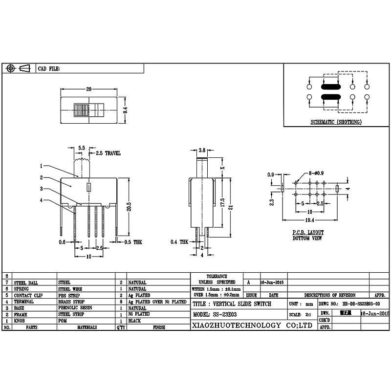 Slide Switch S23E03 Micro Slide Switch For Hair Dryer Burner, Double-σειρά 8-Pin Vertical Two-διακόπτης διαφάνειας θέσης