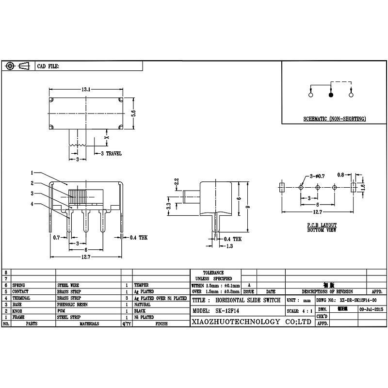 Slide Swite SK12F14 πλευρά-Τραβήξτε οριζόντιο διακόπτη, πλευρά λυχνίας οροφής-Τραβήξτε τον διακόπτη διαφάνειας, μονός-σειρά 3-Pin Vertical Slide Switch