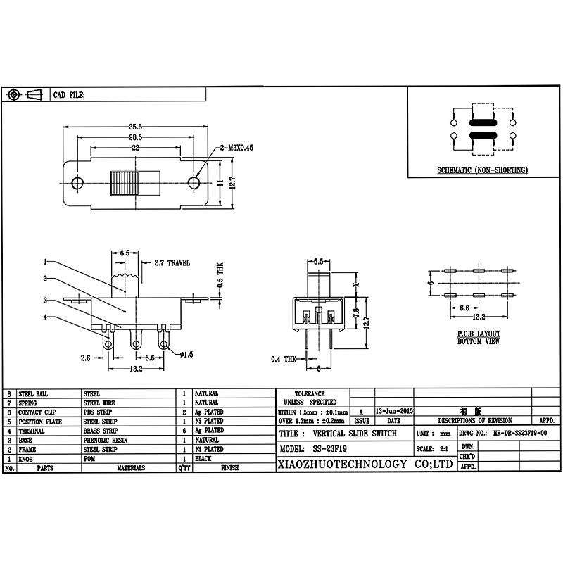 Slide Switch SS23F19, Double-σειρά 6-καρφίτσα τρίτη-Διακόπτης διαφάνειας θέσης, διακόπτης διαφάνειας πλοήγησης αυτοκινήτου DVD