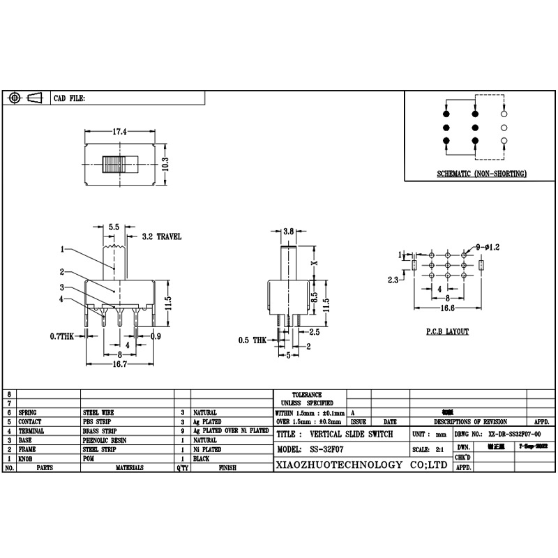 Slide Switch SS32F07 Δύο-Διακόπτης διαφάνειας θέσης, τρεις-με τον τρόπο-από την πλευρά-θέση δύο-Τοποθεσία Slide Micro Mini Electronic Switch